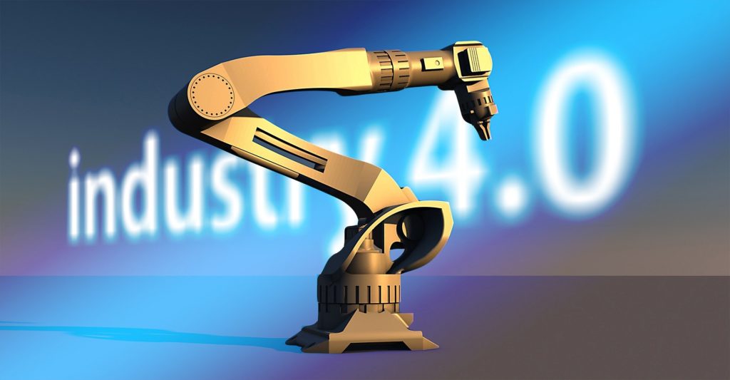 industrie 4.0 représenté par un robot jaune au milieu de la scène et en arrière plan un texte avec industrie 4.0 en blanc sur fond dégradé bleu et blanc