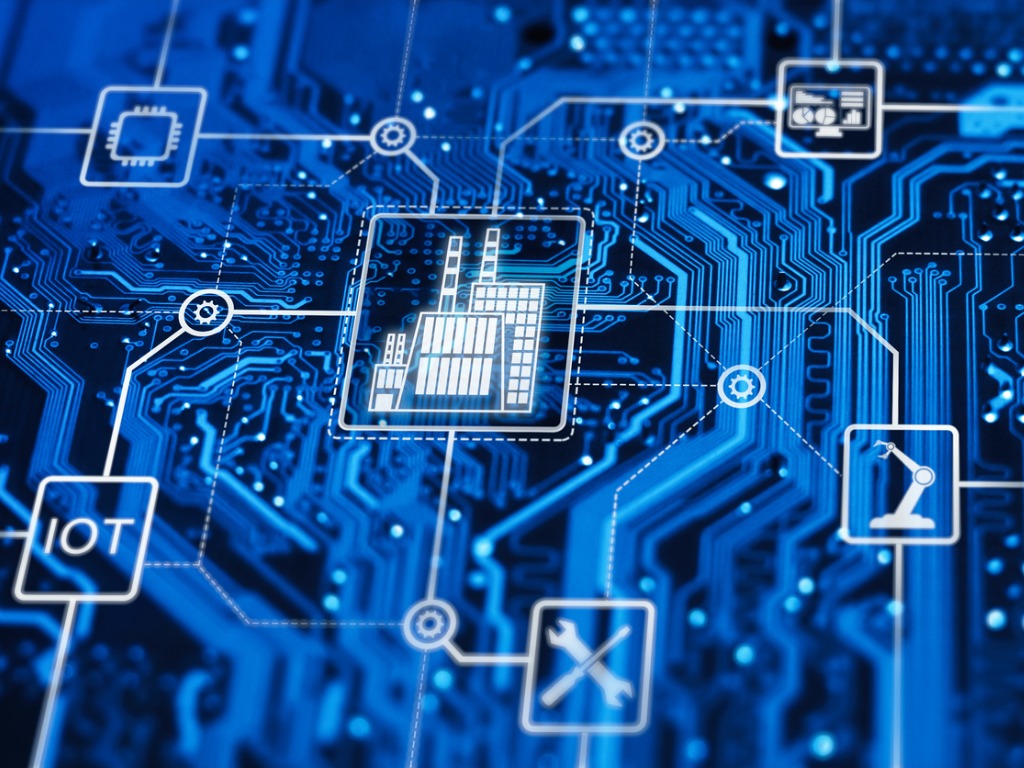Industrie 4.0 Révolution industriel à fond bleu interconnectant plusieurs systèmes